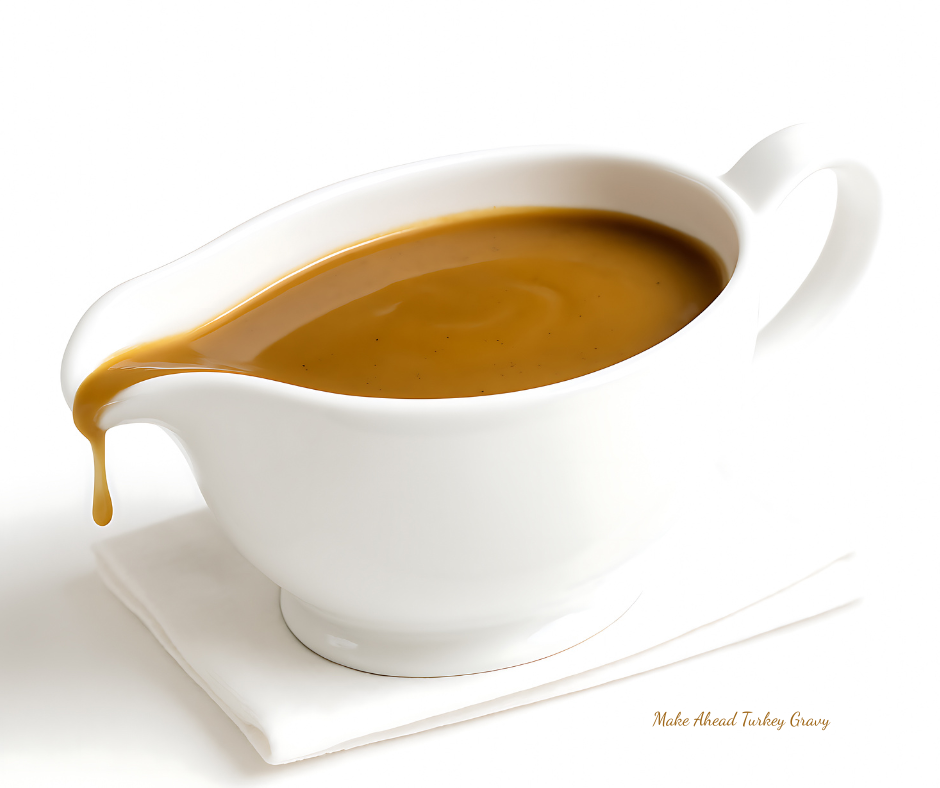 White gravy boat filled with rich brown make-ahead turkey gravy.